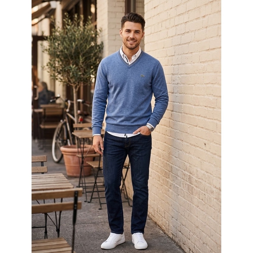 Lacoste Mens V-Neck Cotton Sweater Blue Chine AH7003 XL